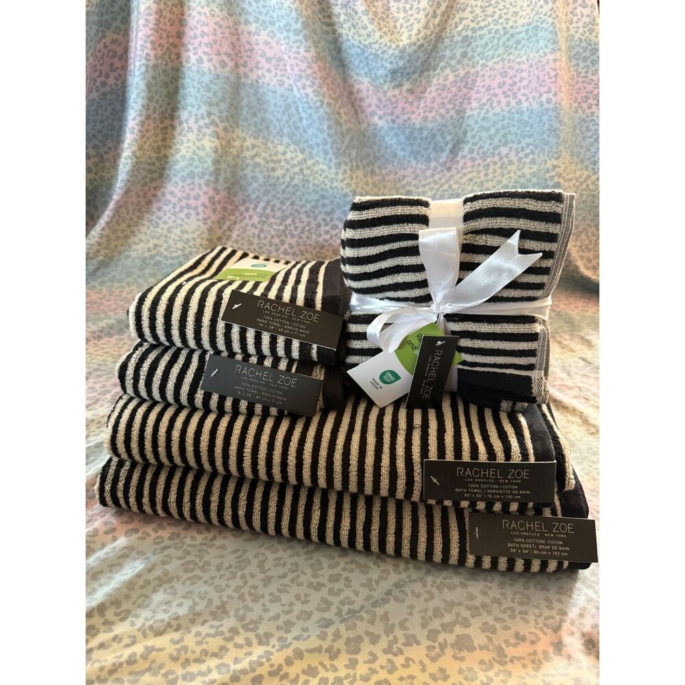 Rachel Zoe 8-Piece Black & Cream Striped 100% Cotton Towel Set NWT